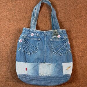Angels Denim Patchwork Tote Bag Floral Embroidery Boho Y2K Blue Shoulder Bag